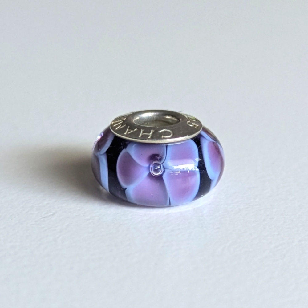 NEW Chamilia Purple Flower Murano Glass Bead Charm Sterling Silver 925